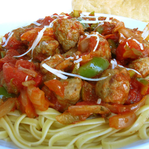 Sausage, Peppers and Onions on Linguine