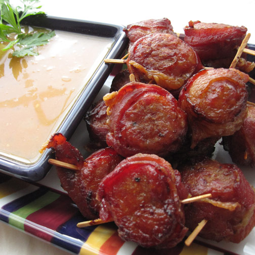 Bacon Wrapped Sausage Coins with Pineapple Dipping Sauce