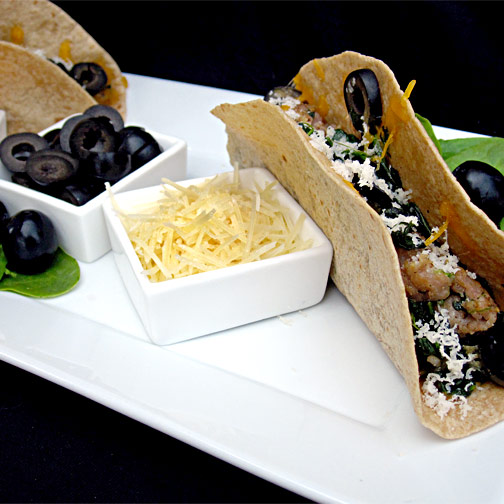 tacos with sausage and black olives