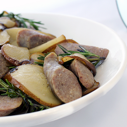 grilled brats with roasted pears