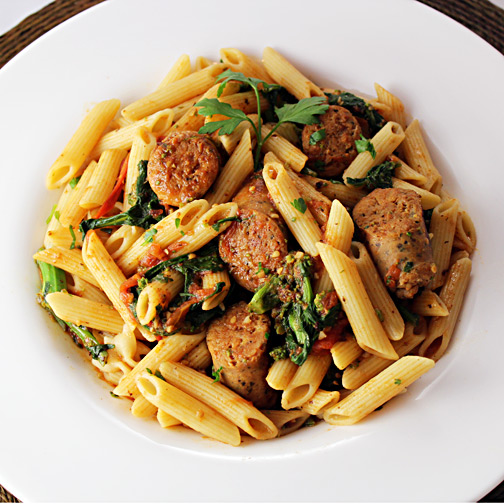 cheese and garlic chicken sausage with penne