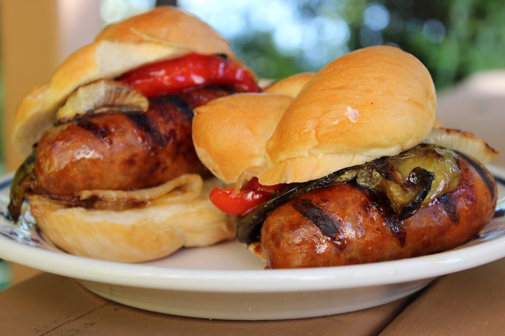 grilled Italian sausage with sweet and sour peppers and onions
