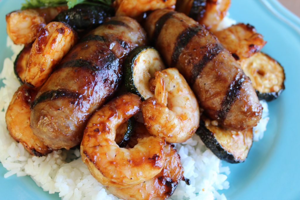 grilled sweet and sour shrimp and sausage