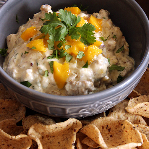 sausage, mango and caramelized onion dip