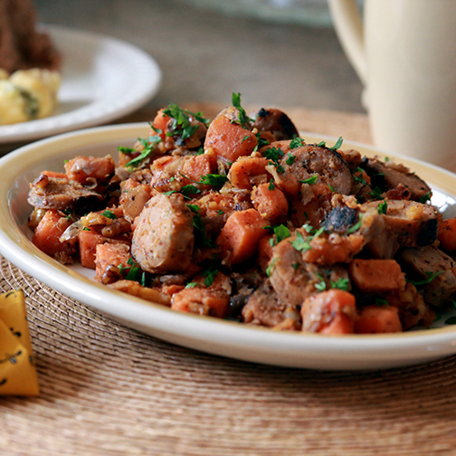 Italian sausage and sweet potato hash