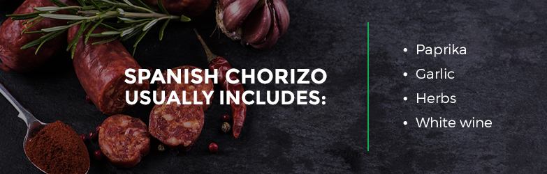 Spanish Chorizo Sausage usually includes paprika, garlic, herbs, and white wine.