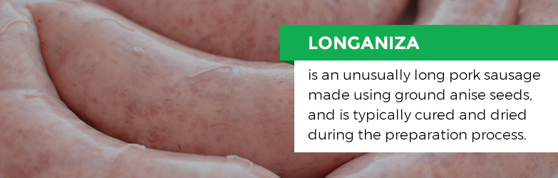 Longaniza Pork Sausage is an unusually long pork sausage made using ground anise seeds, and is typically cured and dried during the preparation process
