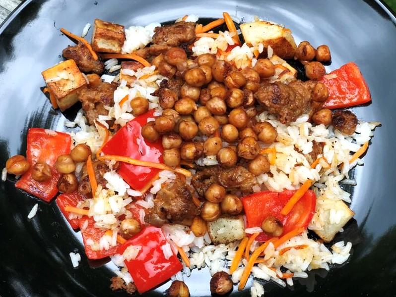 Barbecue Roasted Chickpeas with Crumbled Sausage