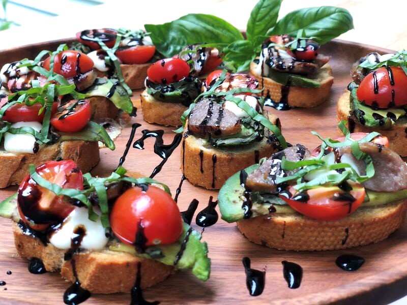 Grilled Sausage & Avocado Caprese Crostini