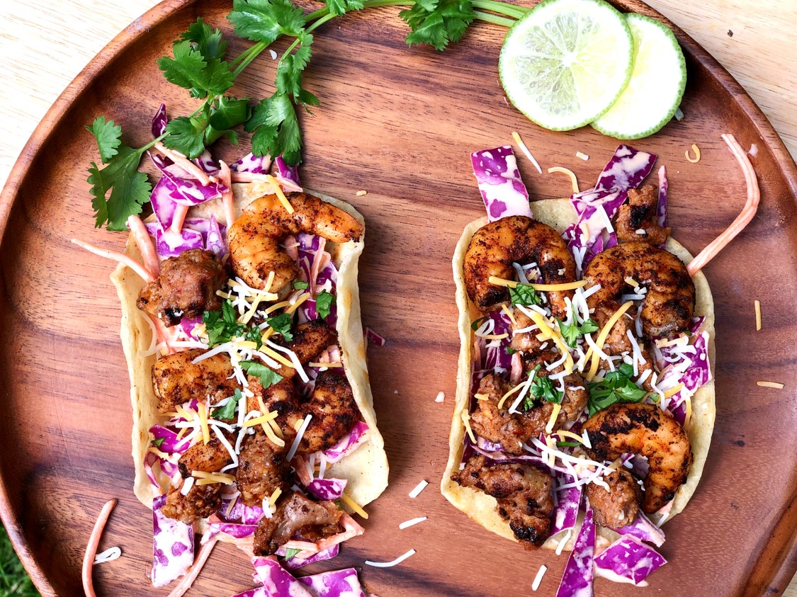 Grilled Shrimp Tacos with Crumbled Sausage & Sriracha Slaw