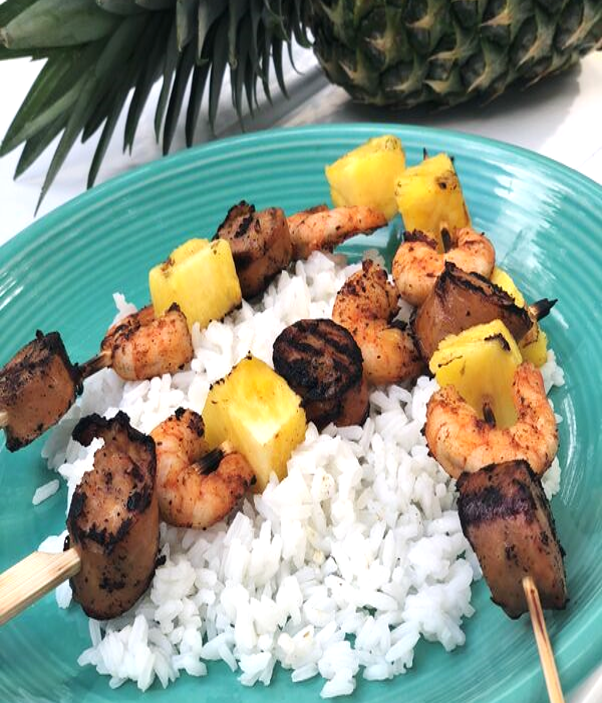 Coconut Pineapple Sausage & Shrimp Skewers