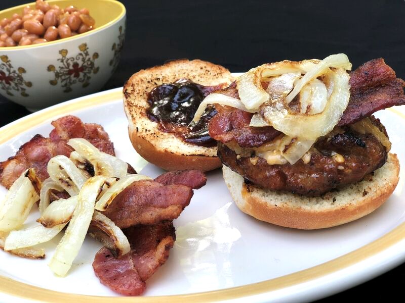 Sausage & BBQ Bacon Burger with Smoked Gouda