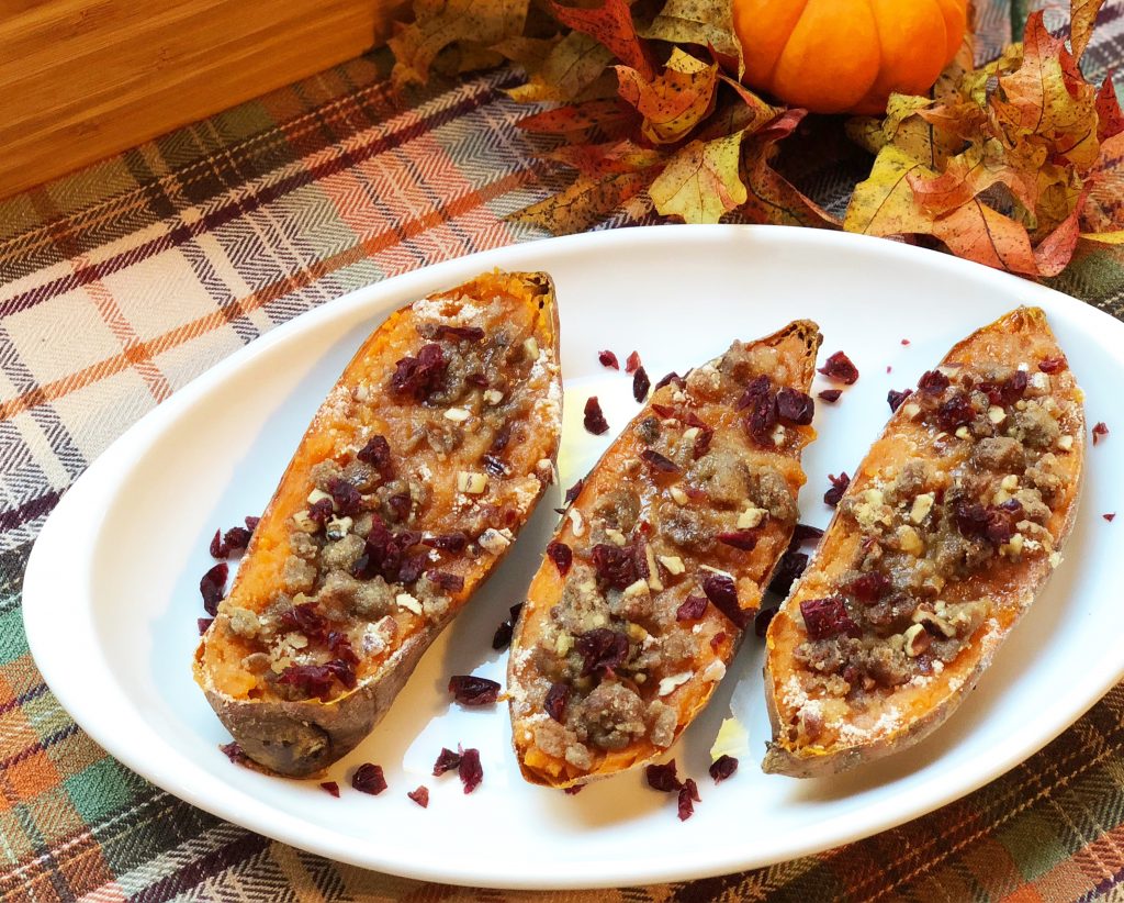 Twice Baked Sweet Potatoes Topped with Sausage