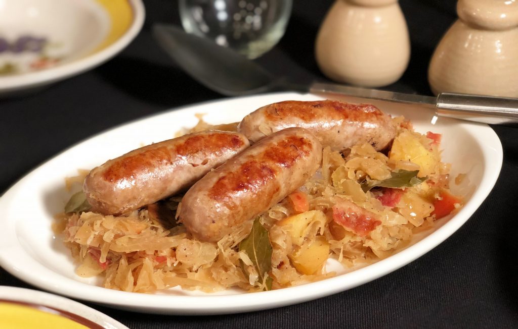 Sauteed Bratwurst with Bacon and Apple Sauerkraut