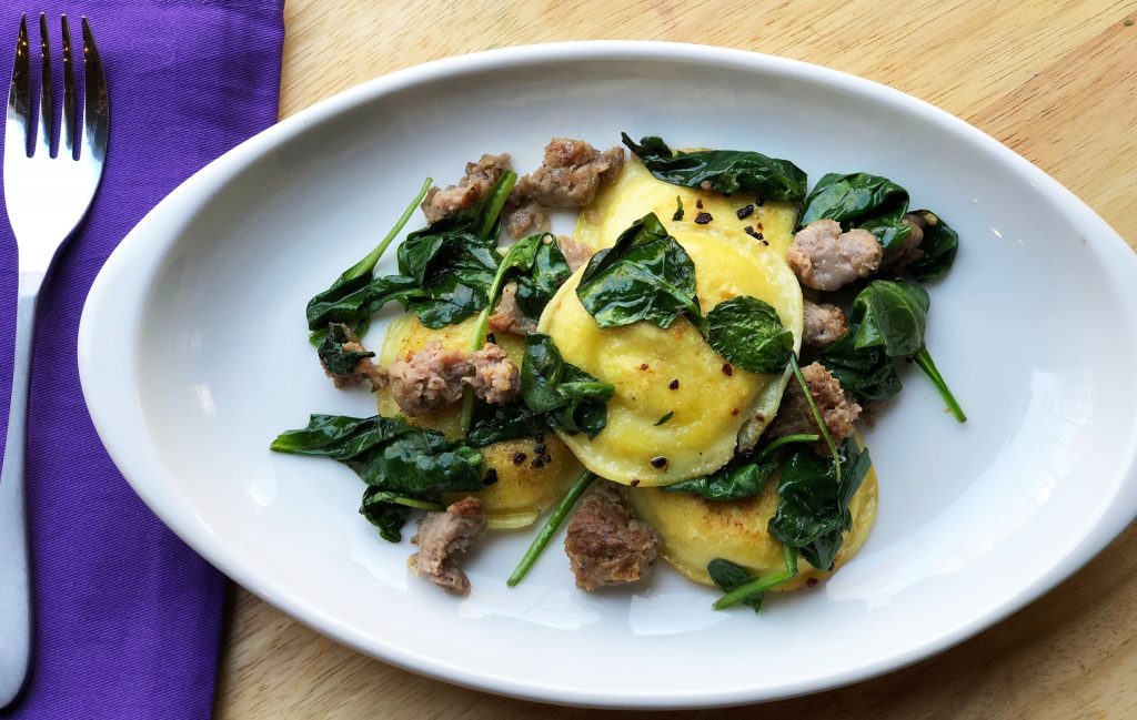 Toasted Garlic-Butter Ravioli with Sausage & Spinach