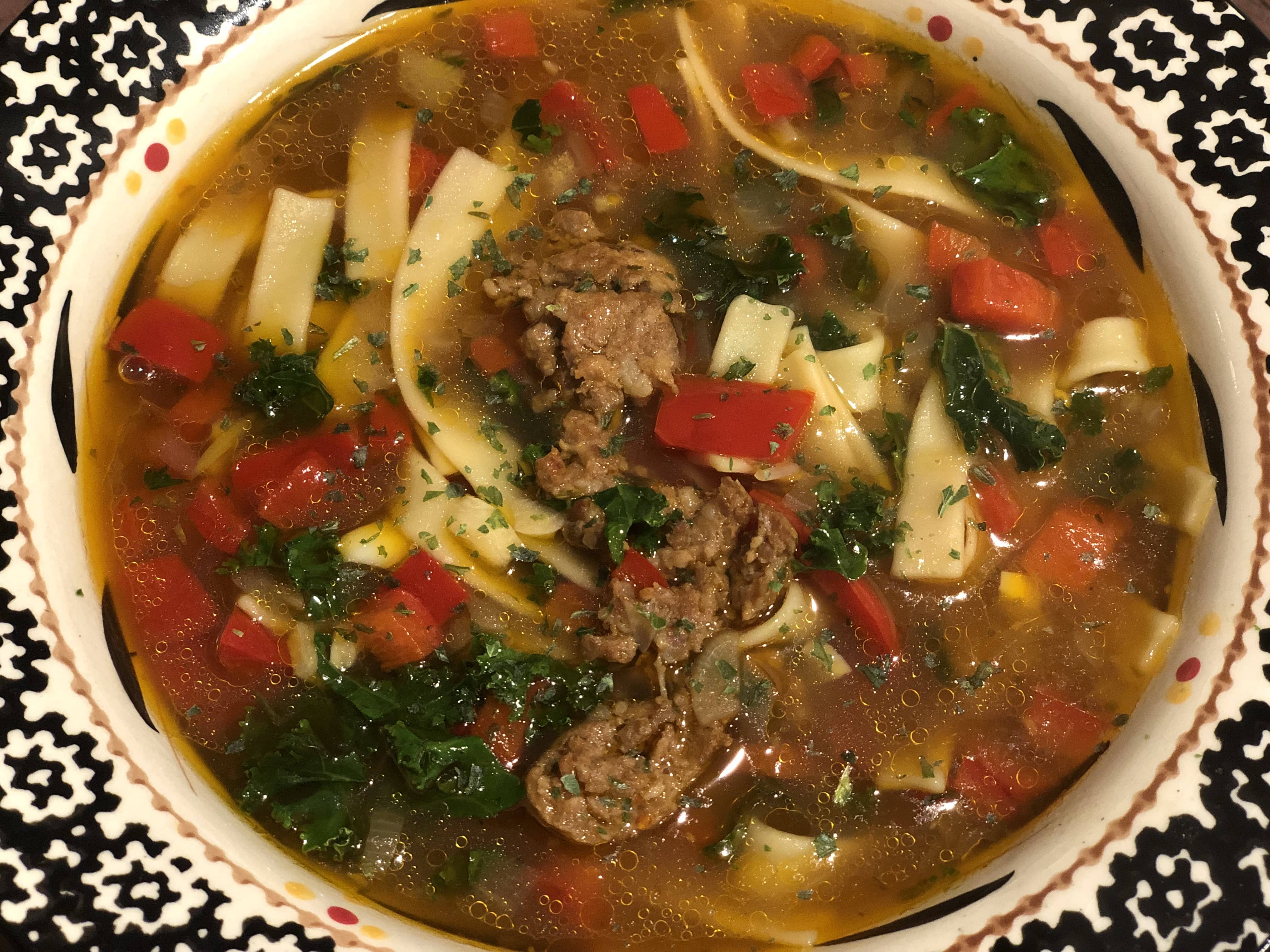 Sausage and Red Pepper Soup With Egg Noodles