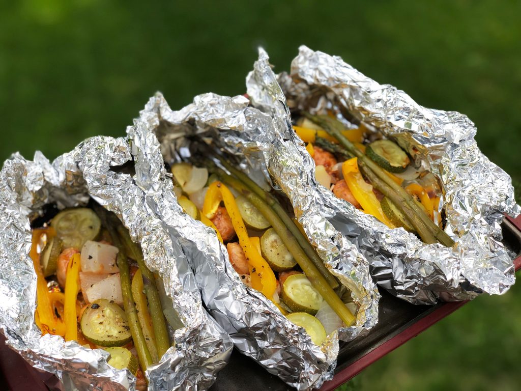 Grilled Barbecue Chicken Sausage and Vegetable in FoilI