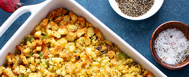 stuffing in a casserole dish