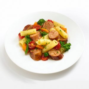 sausage, pasta, tomatoes, carrots and broccoli