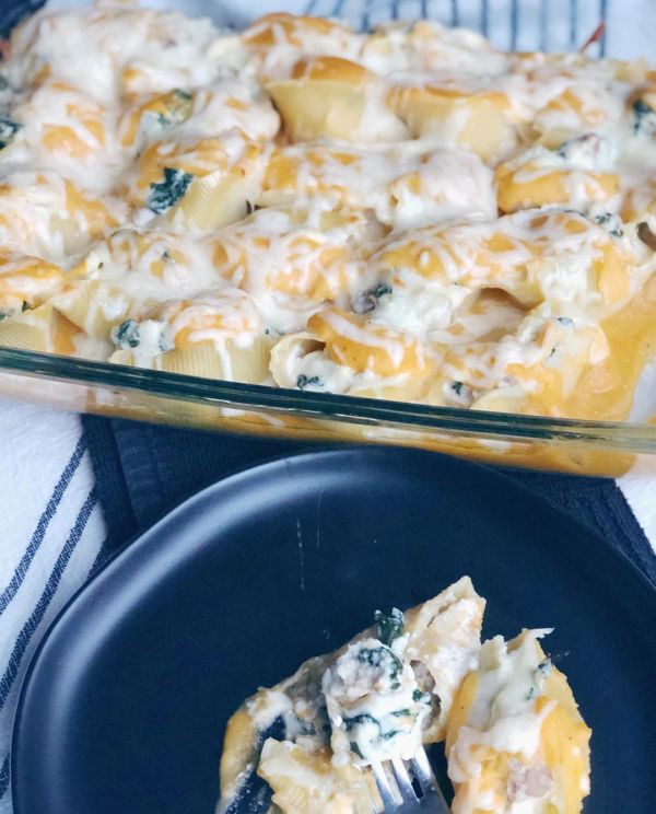 Sausage & Kale Stuffed Shells with Butternut Squash Alfredo