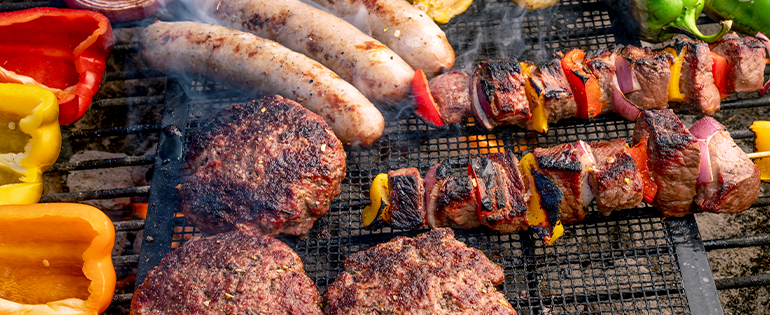 Sausage, Burgers and Kabobs on Grill