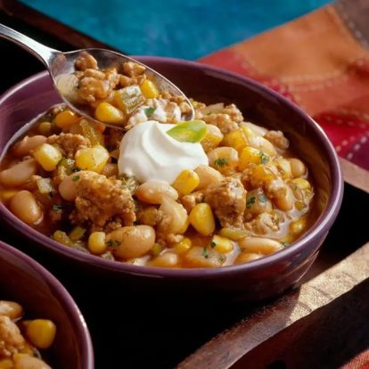 Winter White Chili in a purple bowl