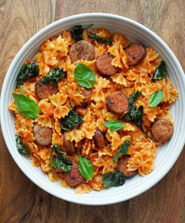 Farfalle with Vodka Sauce, Sausage, Spinach and Basil