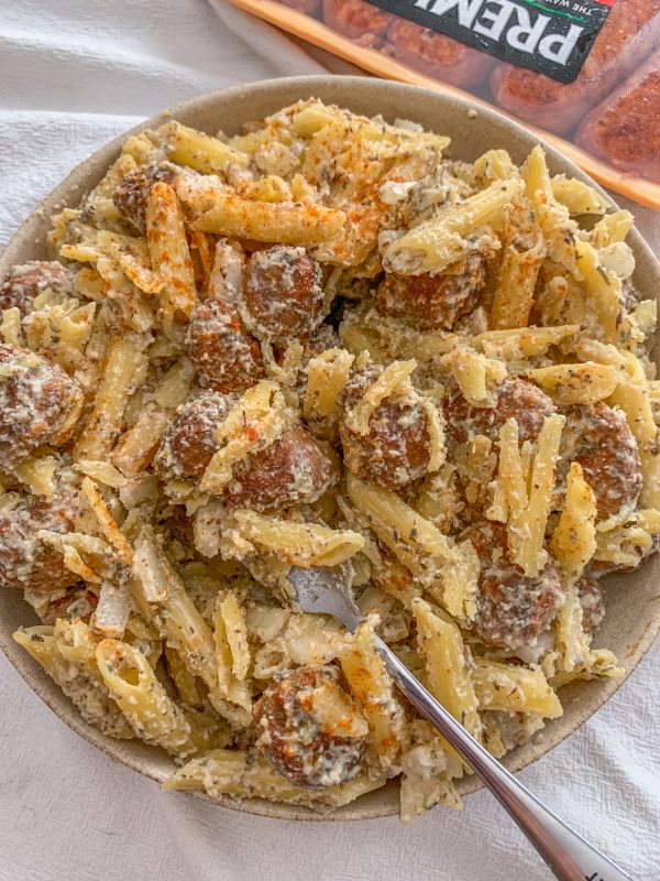 Spicy Alfredo Pasta with Spicy Italian Premio Sausage