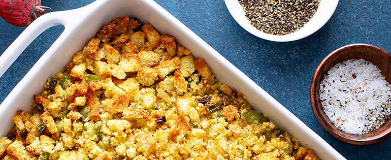 stuffing in a casserole dish