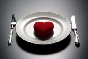 plate and cutlery on table with a heart on the plate