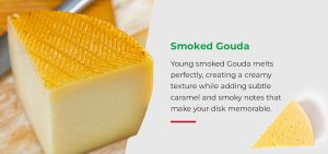 A wedge of smoked gouda cheese